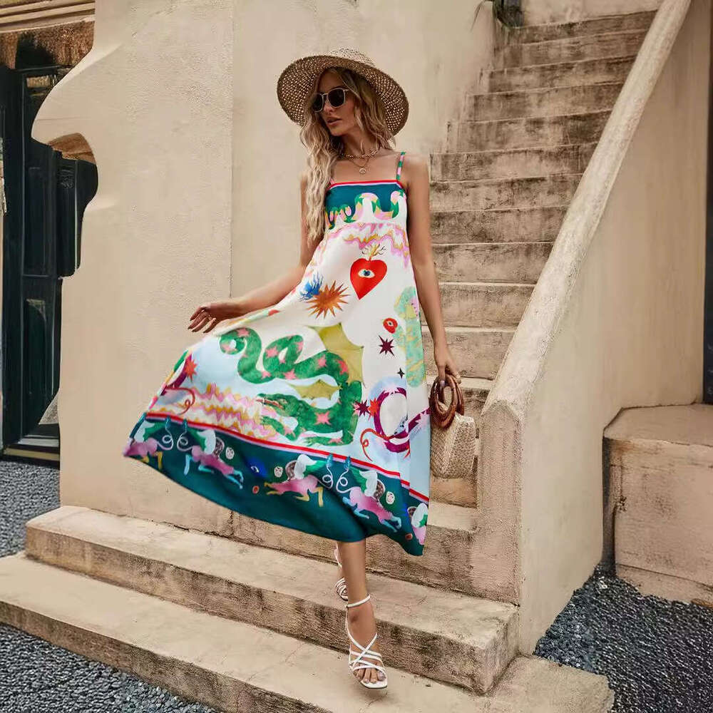 long skirt women's suspender printed cotton en sleeveless large swing dress 2025 new casual versatile fashion clothing