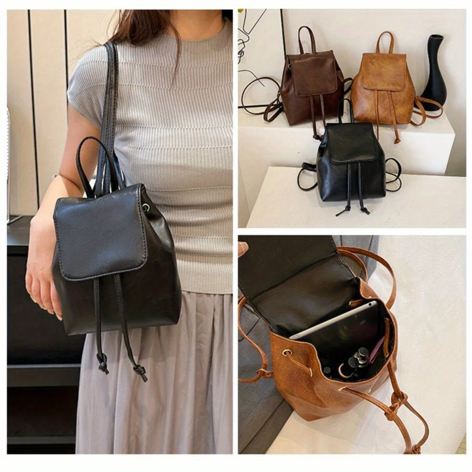 Ship from US Vintage Style PU Leather Backpack Solid Color Flap Schoolbag Casual Daypack Versatile Shoulder Bag For Women 250304FBB