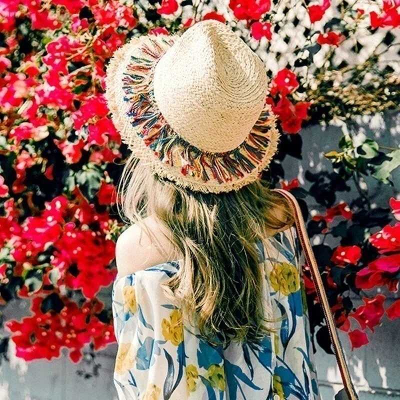 Girls Fashion Gifts MultiColored Tassel Grass Hat for Sun Shading Sun Protection Breathable Weaving Wide Brim Grass Hat GiftsXJ250304