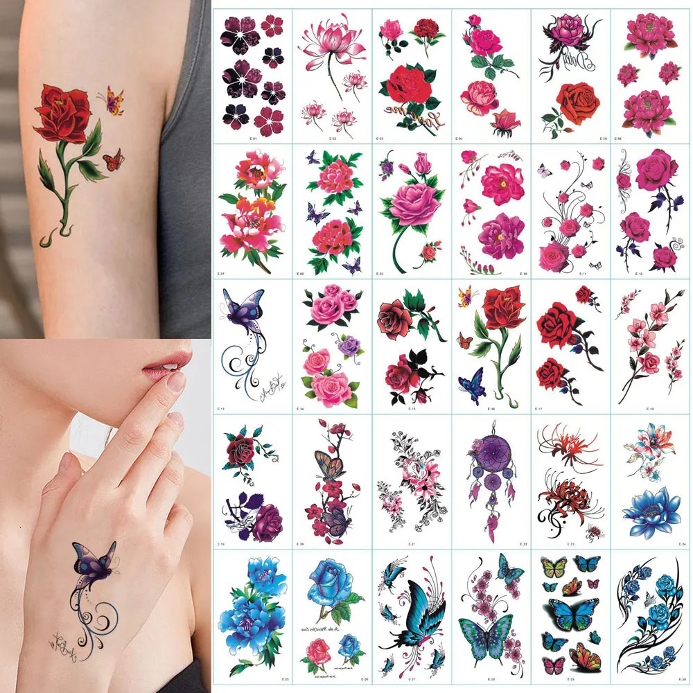 30pcs Color Flower Tattoo Stickers Butterfly Temporary Tattoos for Women Blossom Rose Hand Body Decor 250219