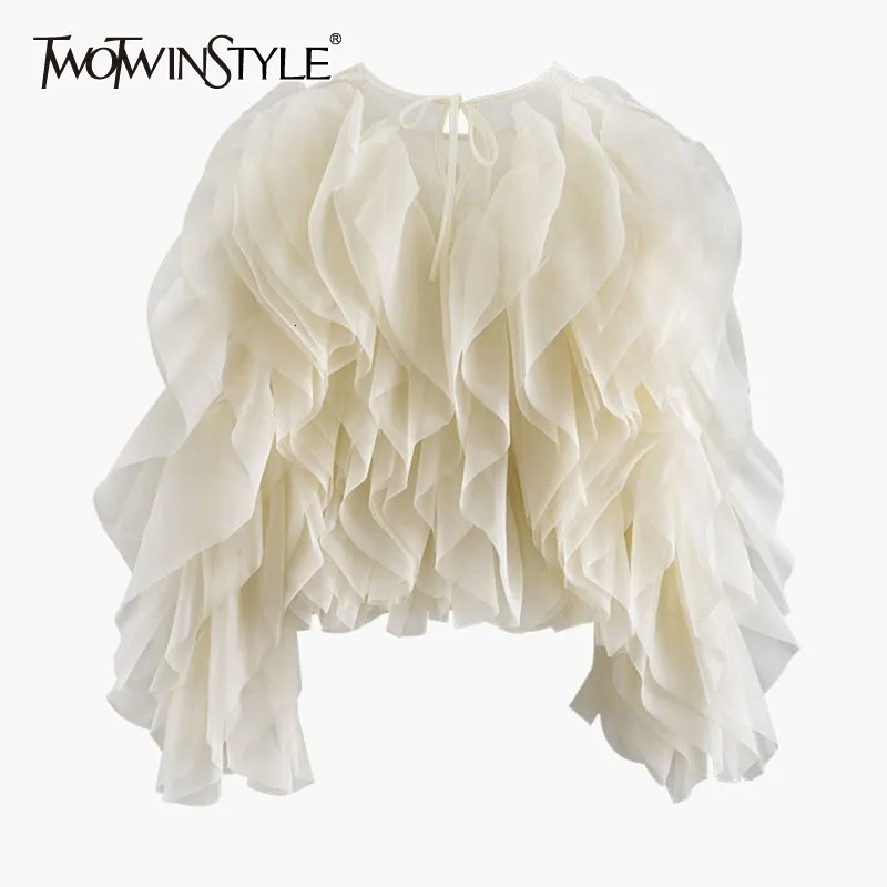 TWOTWINSTYLE Ruffles Shirts For Women O Neck Lantern Sleeve Loose Pullover Summer Blouse Female Fashion Style Clothing 250228