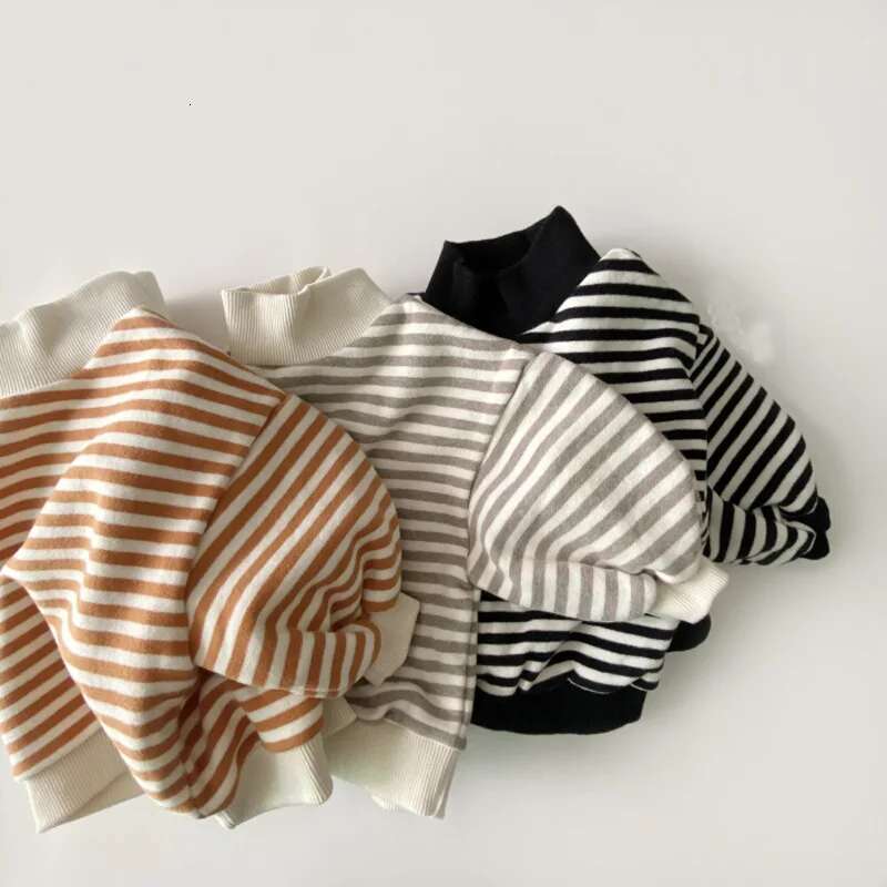 2025 Winter New Baby Striped Plus Veet Thicken Kids Warm Hoodie Loose Boys Casual Sweatshirt Fashion Girls Tops