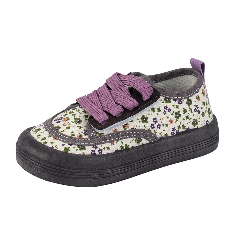 Children Fashion Versatile Soft Canvas Shoes Floral Print Casual Kids Drop Laceup Spring for Boys Flats 250303