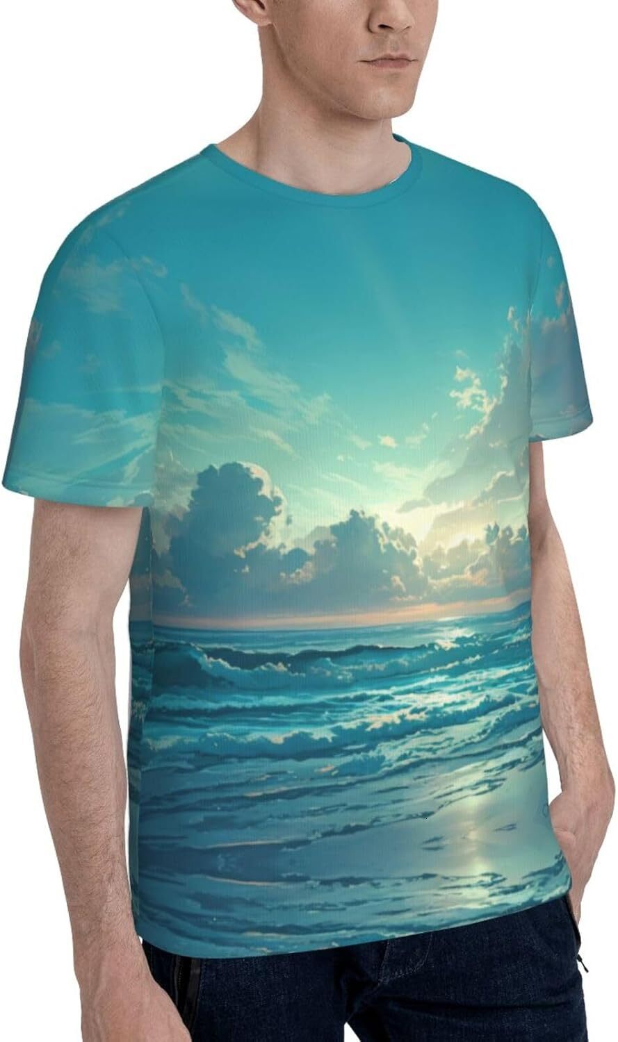 Mens T shirt Green Scenery 3D Graphic T-Shirt for Men and Women - Ocean Sky Trendy Casual Soft Comfort Crew Neck Tee tee Casual tops summer clothes