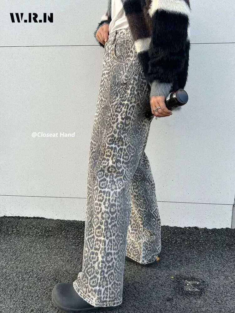 Women's American Vintage Leopard Print Washed Thin Jeans Street Casual Neutral Style Denimtrousers High Waist Straight Pants