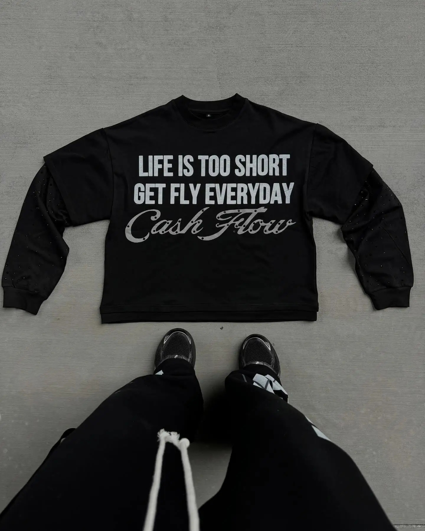 Harajuku Hip Hop Letter Pattern Double Layer Long Sleeved Graphic T Shirts Gothic Retro Diamond Sweatshirt Casual Streetwear 250304