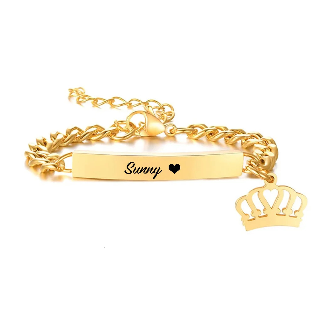 925 sterling silver custom name bar bracelet crown carved name letters heart-shaped personalized gold-plated childrens bracelet 250304