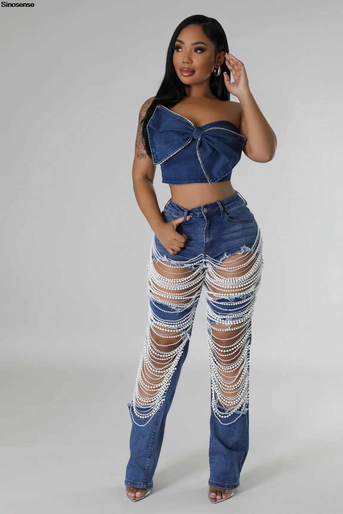 Womens Destroyed Ripped Hole Denim Pants Pearl s Chain Distressed Slim Fit Skinny Jeans Y2K Night Club Party 250227