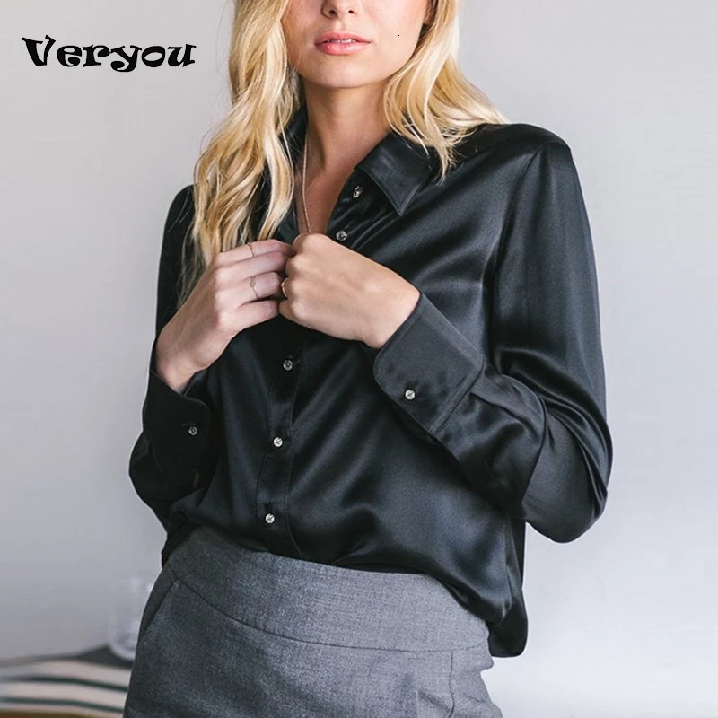 Elegant Black White Shirt Women Spring Autumn Long Sleeve Silk Satin Blouses For Women Fashion Turn Down Collar Button Shirt 250303
