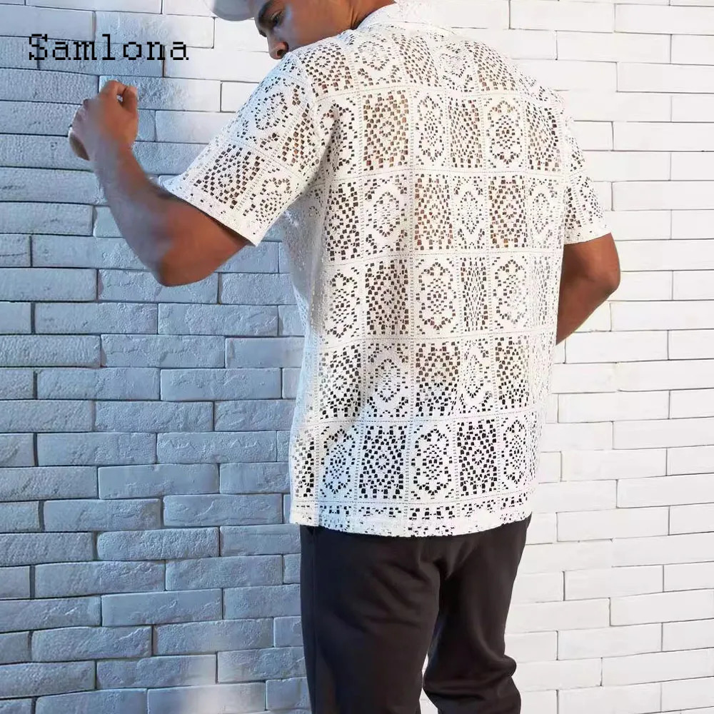 Solid White Soft Knitting Blouse Embroidery Lace Shirt Mens Hollow Out Beach Top Cardigans Plus Size Mens Lepal Collar Knitwear 250304