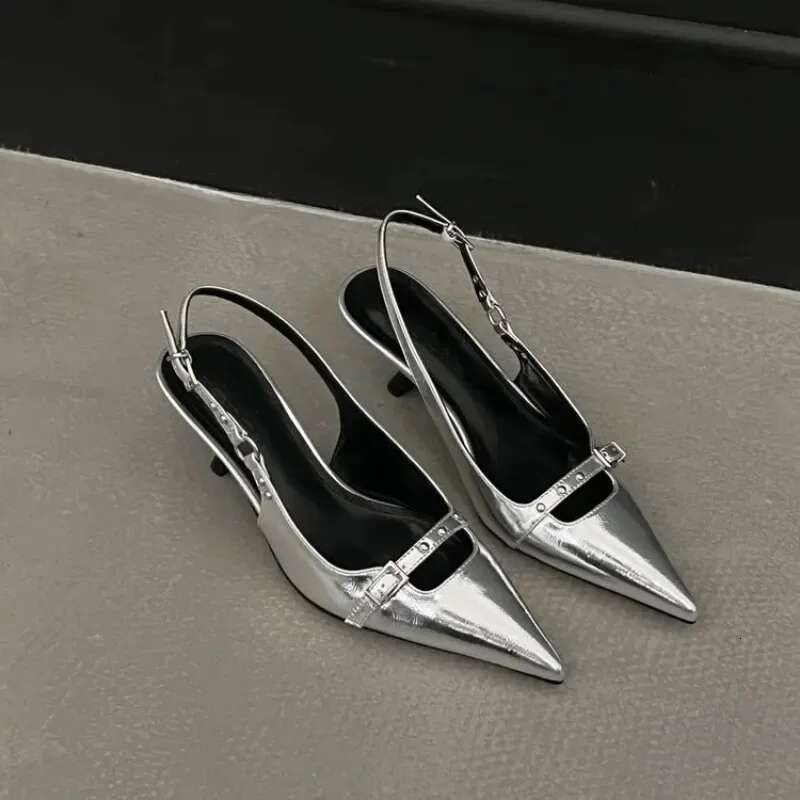 Sgback Sandals Fashion Women Med Heels Pumps Rivet Shoes Elegant Pointed Toe Female Mules Dress Slides Denim Sandalias