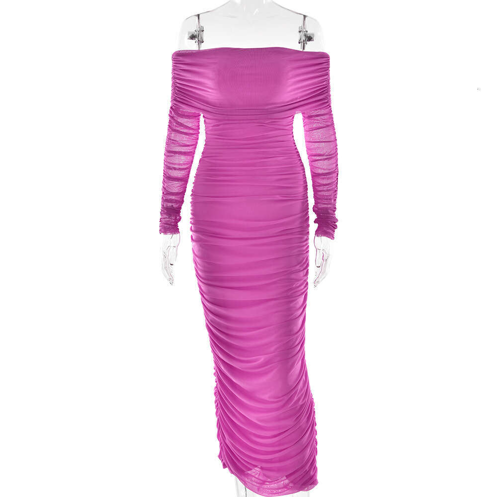 New mesh one shoulder pleated for women, slim fit sleeved dress with wrapped buttocks and long skirt