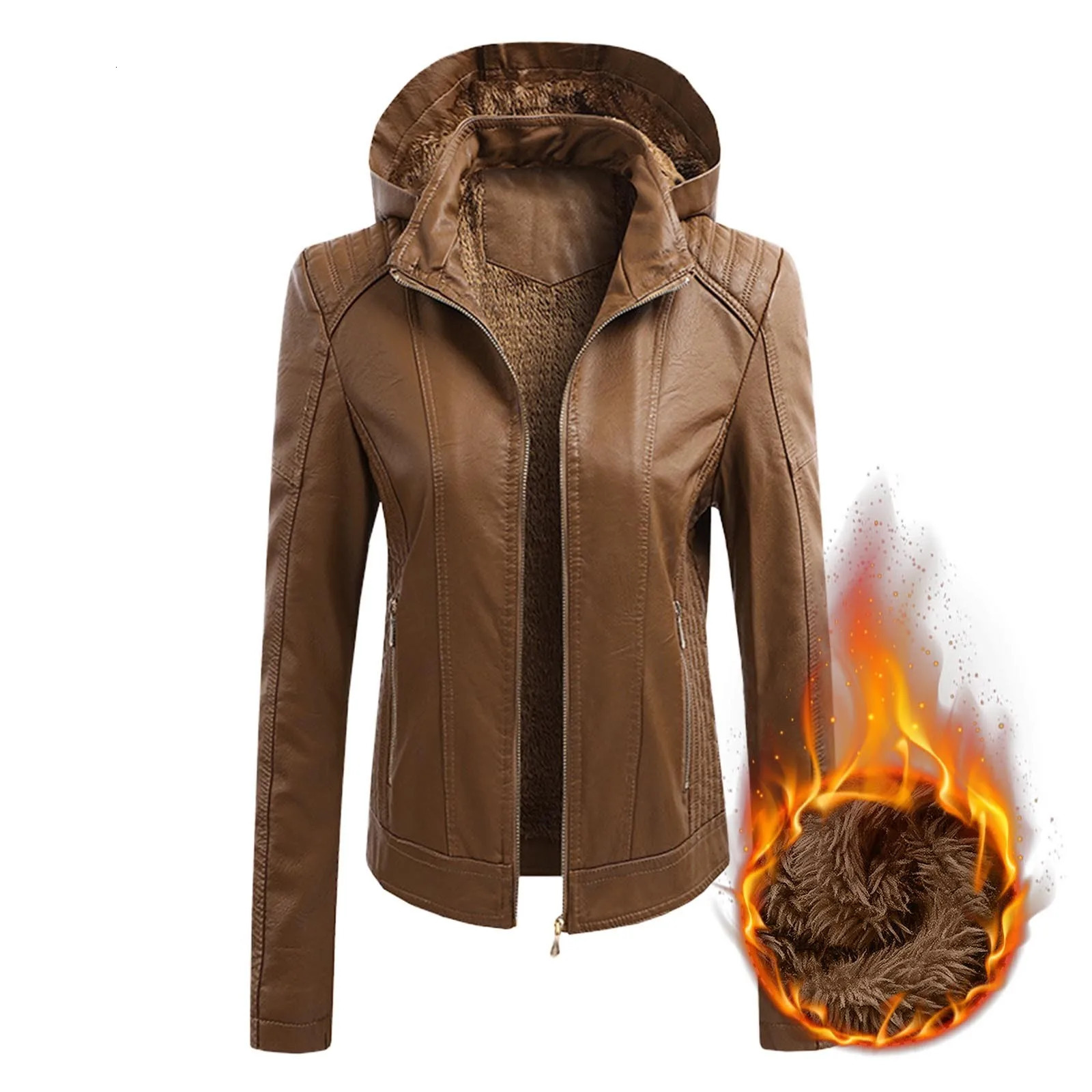 Womens long sleeved leather jacket motorcycle Pu fashionable womens with detachable hat 250226