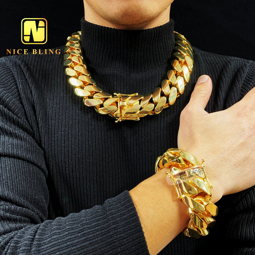 Super Thick Heavy BIG Chunky Gold Plated Necklace Bracelet 30mm Plain Cuban Chain No Moissanite Hip Hop Rock