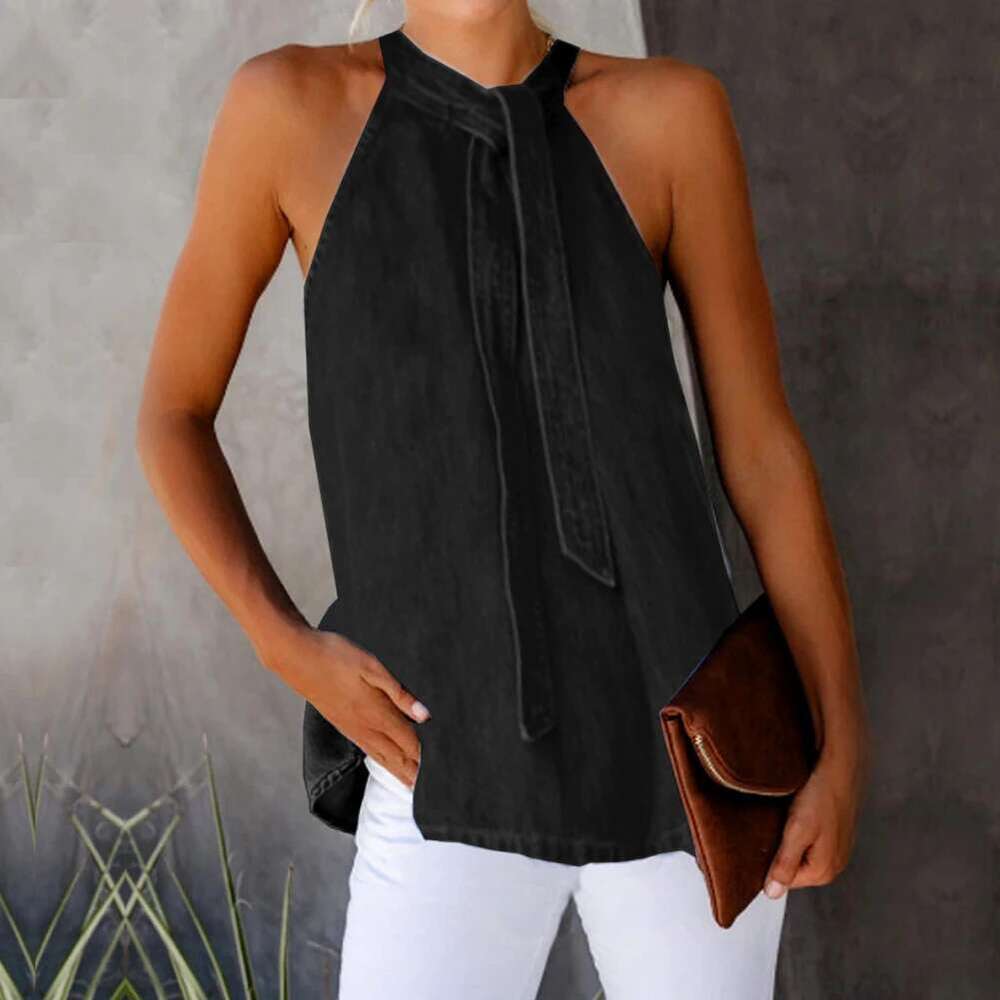 Color Women Solid Vest Sleeveless Back Button Neck Bandage Halter Blouse Top Perfect To Match With Jeans Shorts