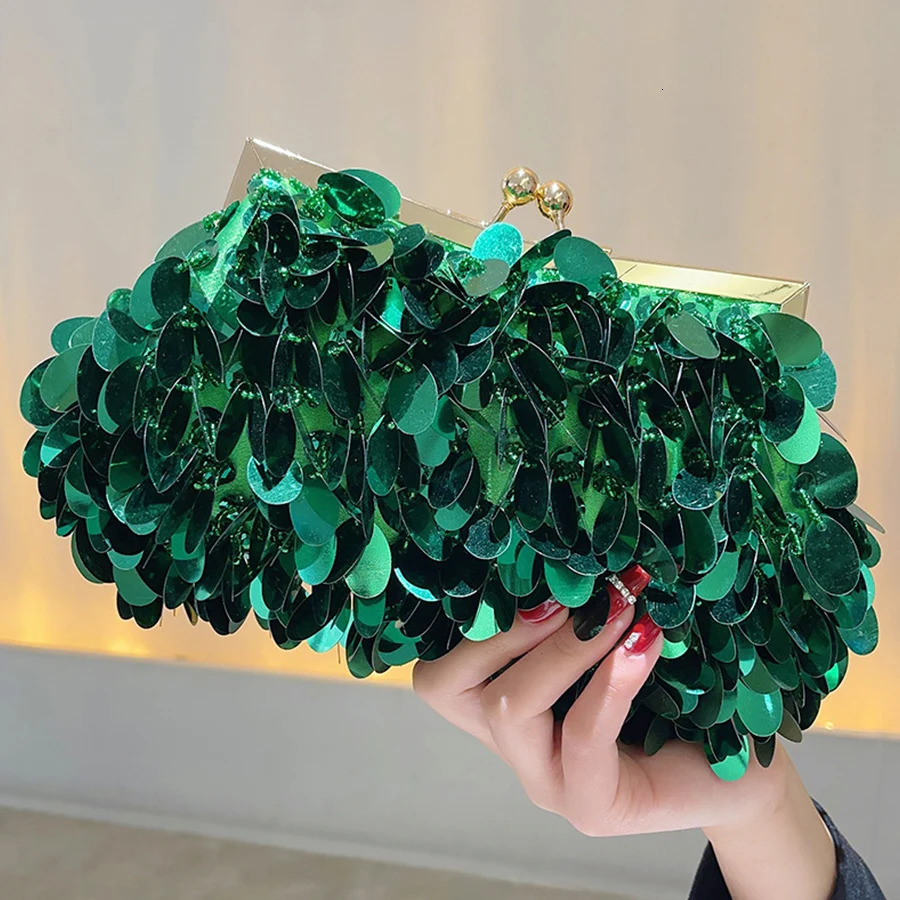 Fashion Sequins Beading Evening Bag Women Green Dinner Party Day Clutch Purse Handwoven Chains Shoulder Glitter Handbag 250303