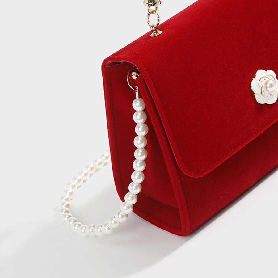Velvet red handbag wedding party dinner bag pleated handmade pearl chain lingerie bag red bridal cross body bag Z250303