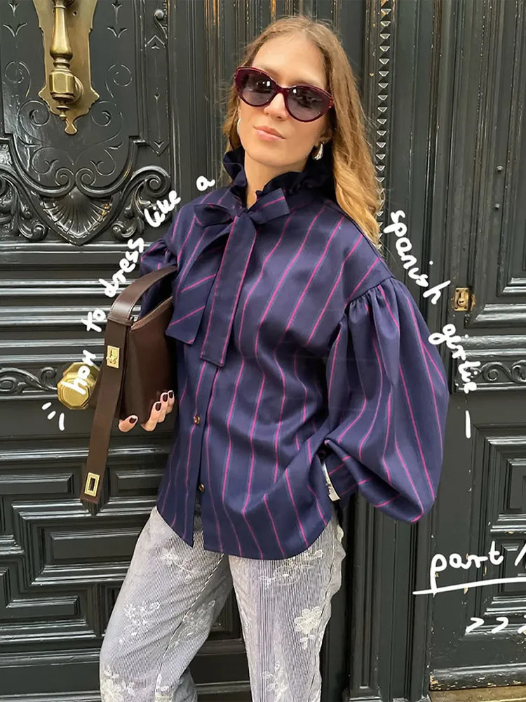 Womens Unique Striped Lace Up Bow Stand Up Collar Top Fashion Casual Bubble Sleeve Single Breasted Shirt Chic Outerwear 250228