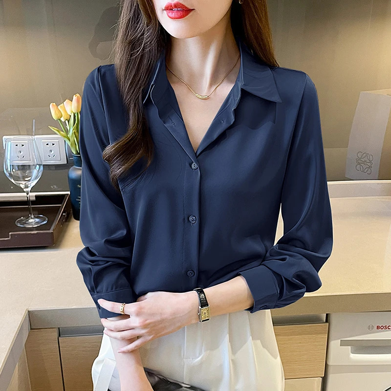 elegant satin shirts solid color ladies shirts fashion causal Womens Blouses Long Sleeve Shirts Tops Blusas Mujer 250303