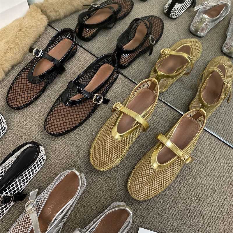 heels Round headed mesh buckle with ballet single shoe womens ins full flash flat bottom hollow Mary Jane sandals fishing net shoes 250309