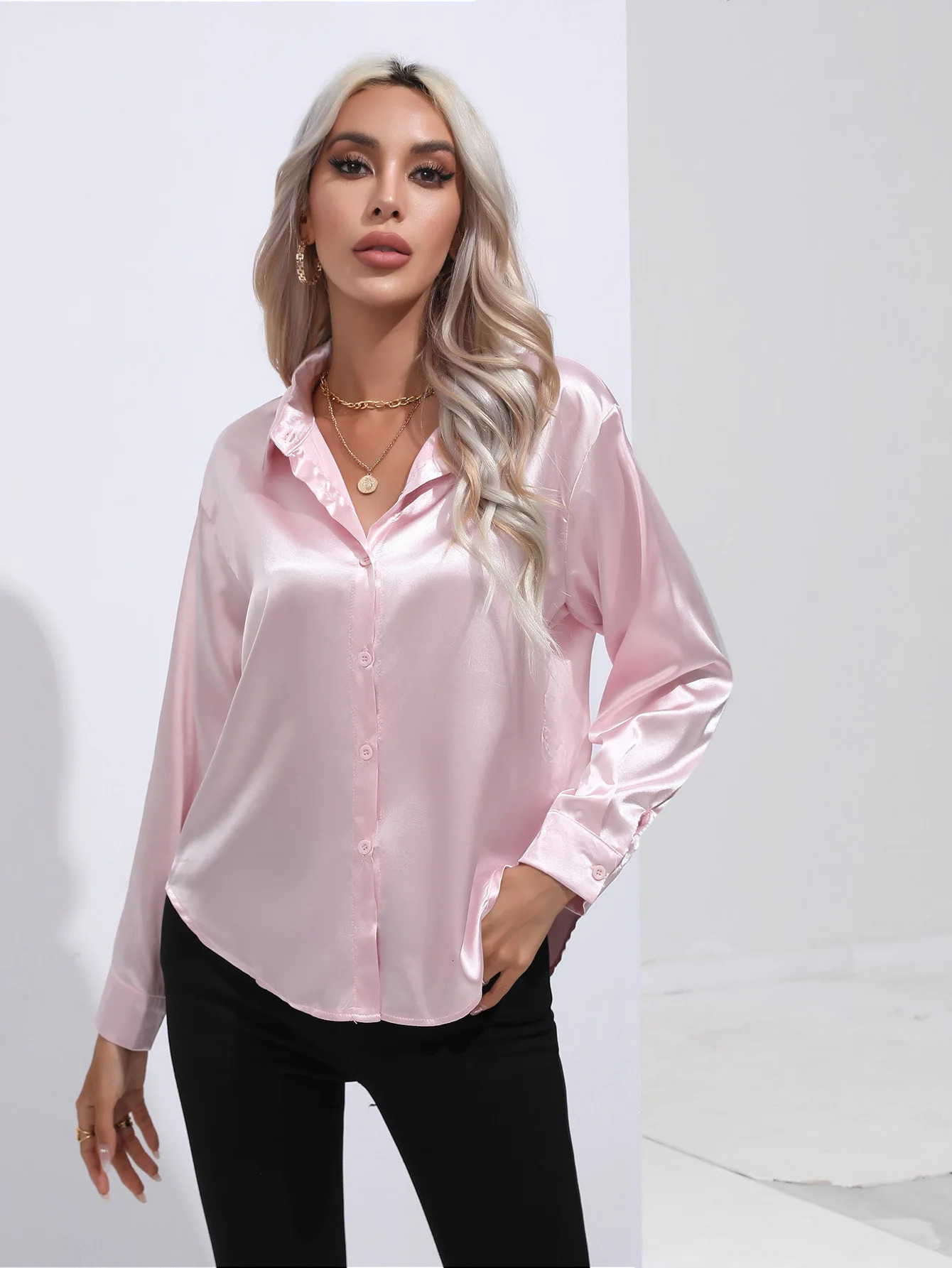 Elegant Womens Satin Silk Long Sleeve Shirt AutumnWinter Solid Office Lady Lapel Button Blouse Women Clothing S-XXL 250303