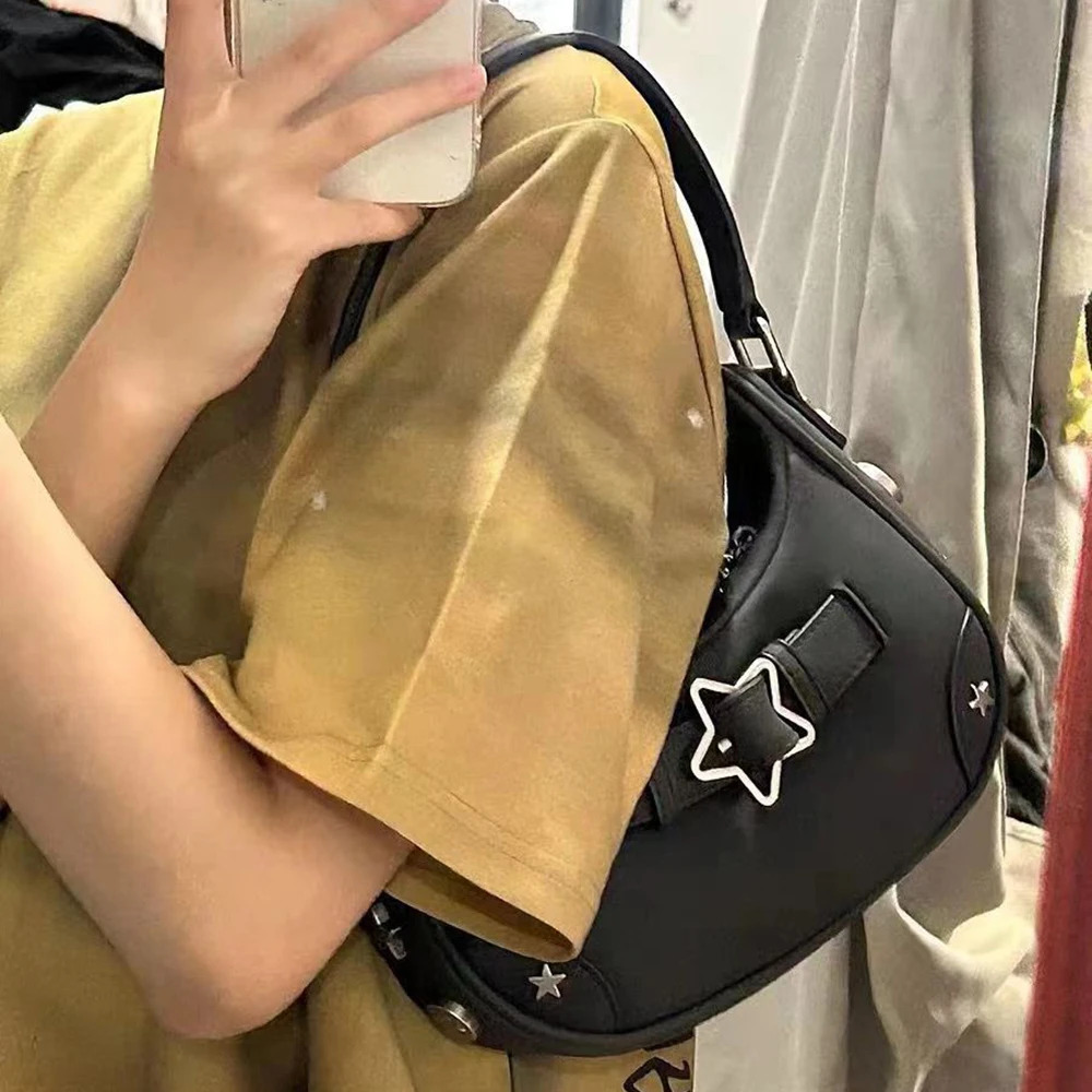 Vintage Korean Casual Cute White Star Shoulder Underarm Tote Bag Ladies Sling Bags Leather Zip Purses Handbags For Women 250228