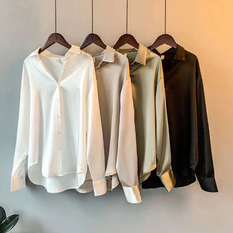 Women Autumn Shirt Vintage Satin Blouse Long Sleeve Button Down Silky Shirt Work Office Top Ladies Casual Shirt 250303