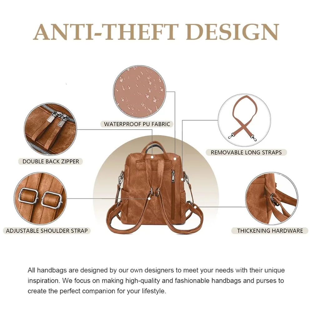 Ship from US Backpack Purse for Womens Waterproof PU Leather Backpacks Handbags Ladies Casual Shoulder Bags Brown 250304FBB