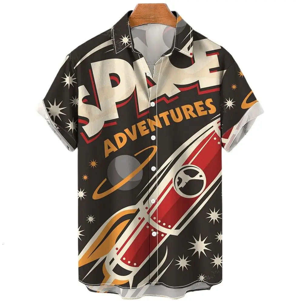 Mens Rocket Print Hawaiian Shirt 3d Print Harajuku Cartoon High Quality Summer Mens Casual 250227
