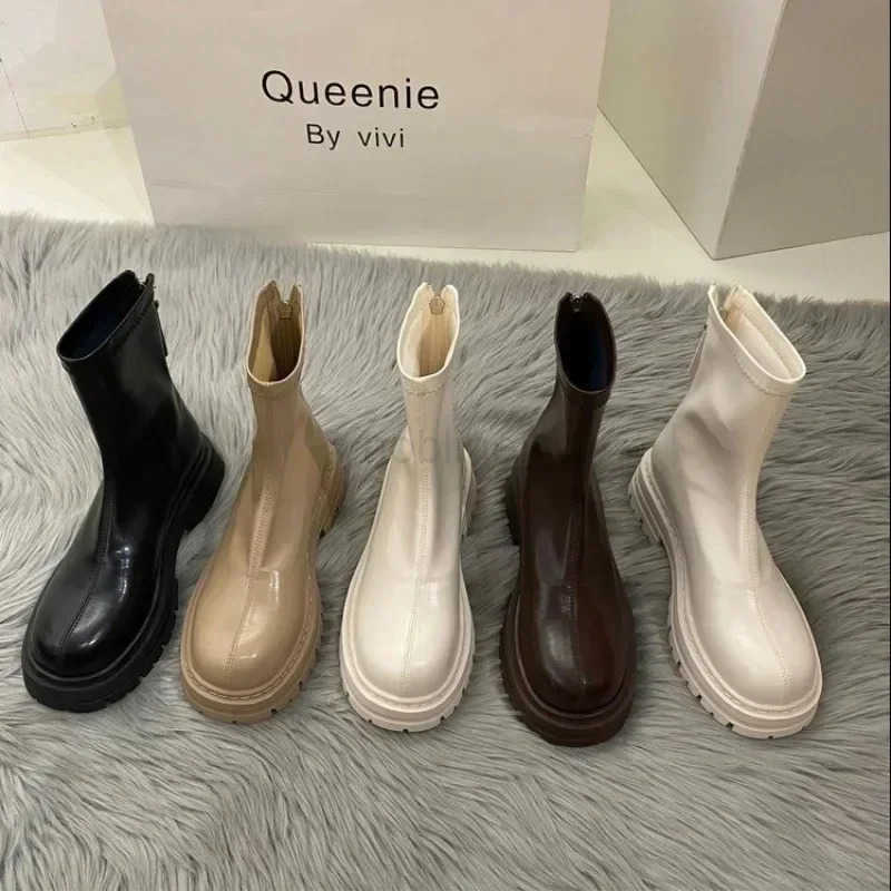 2025 Hot S Ladies Shoes Zipper Wens Boots Spring Autumn Round Toe Solid Short Barrel Platform Chunky H Fion Boots Z250304