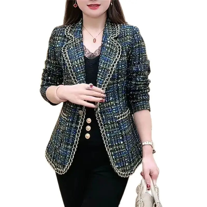 Fashion coarse woolen coat womens jacket spring autumn blue black casual ultrathin 250225