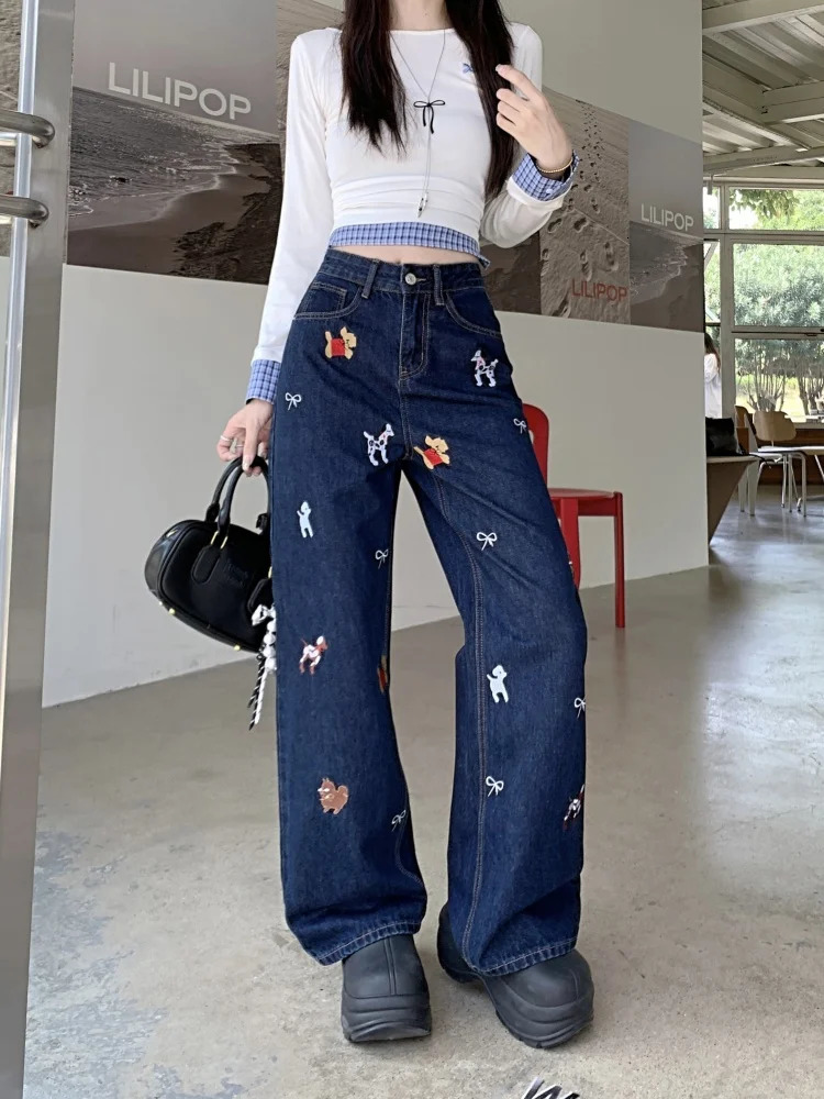 2024 Ropa Y2K Fashion Bow Dog Embroidery Bag Jeans Dress Deep Blue Straight Womens Denim Shorts 250227