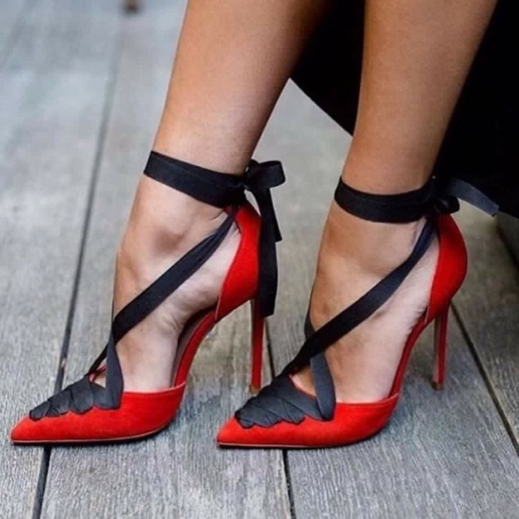 Ins Black And Red Women's Slim High Heels, Single Shoes, Cross Straps