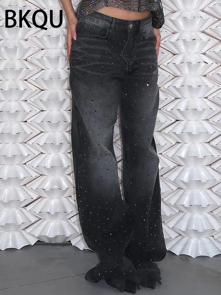 BKQU Low Waist Wide Leg Womens Jeans American Black Rhinestone Baggy Denim Long Pants Female Oversized BF Style Trousers 250228
