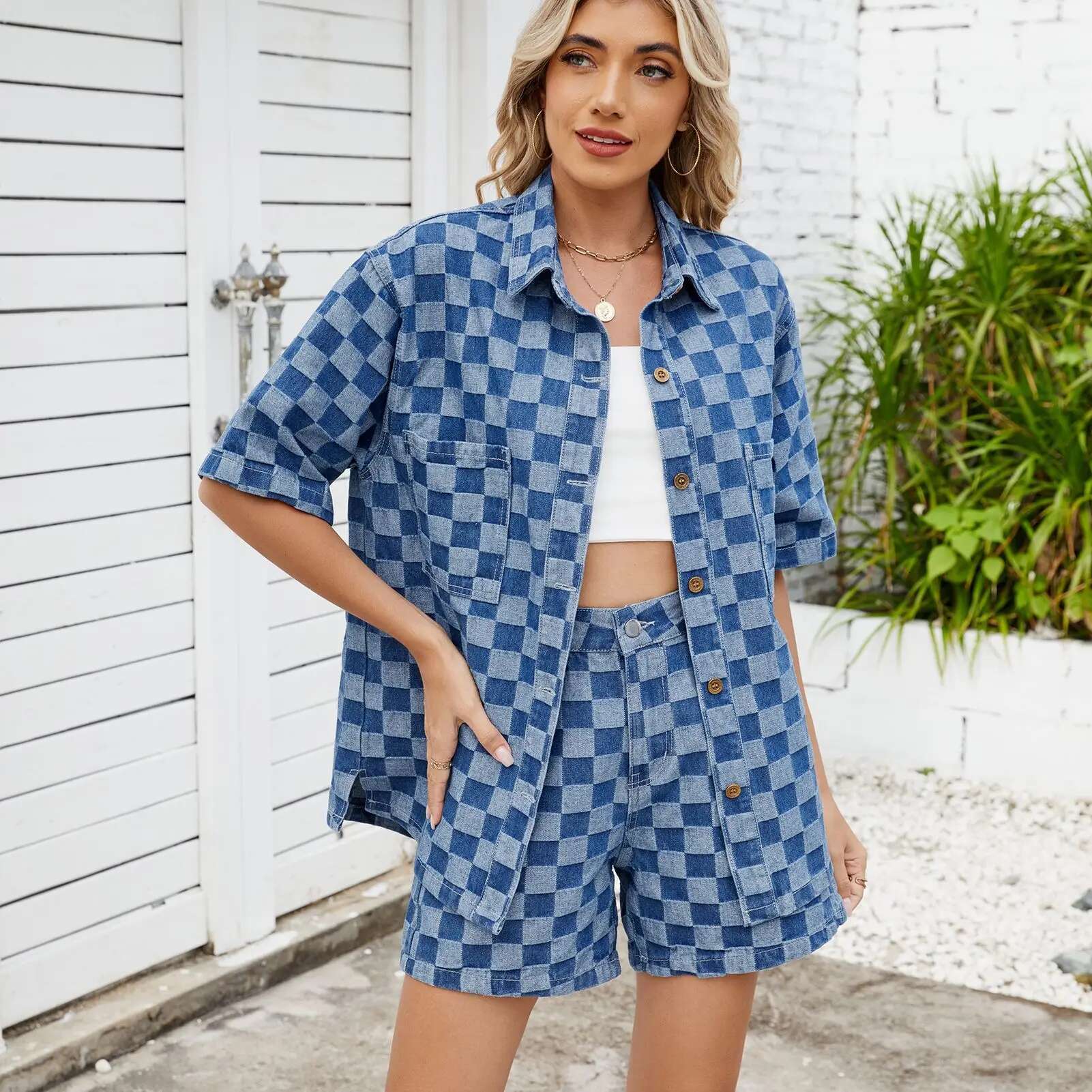 Summer Women's Two Pieces Set Casual Loose Single-Breasted Cardigans Shirt Plaid Denim Shorts 2 Piece Sets Women Outfit