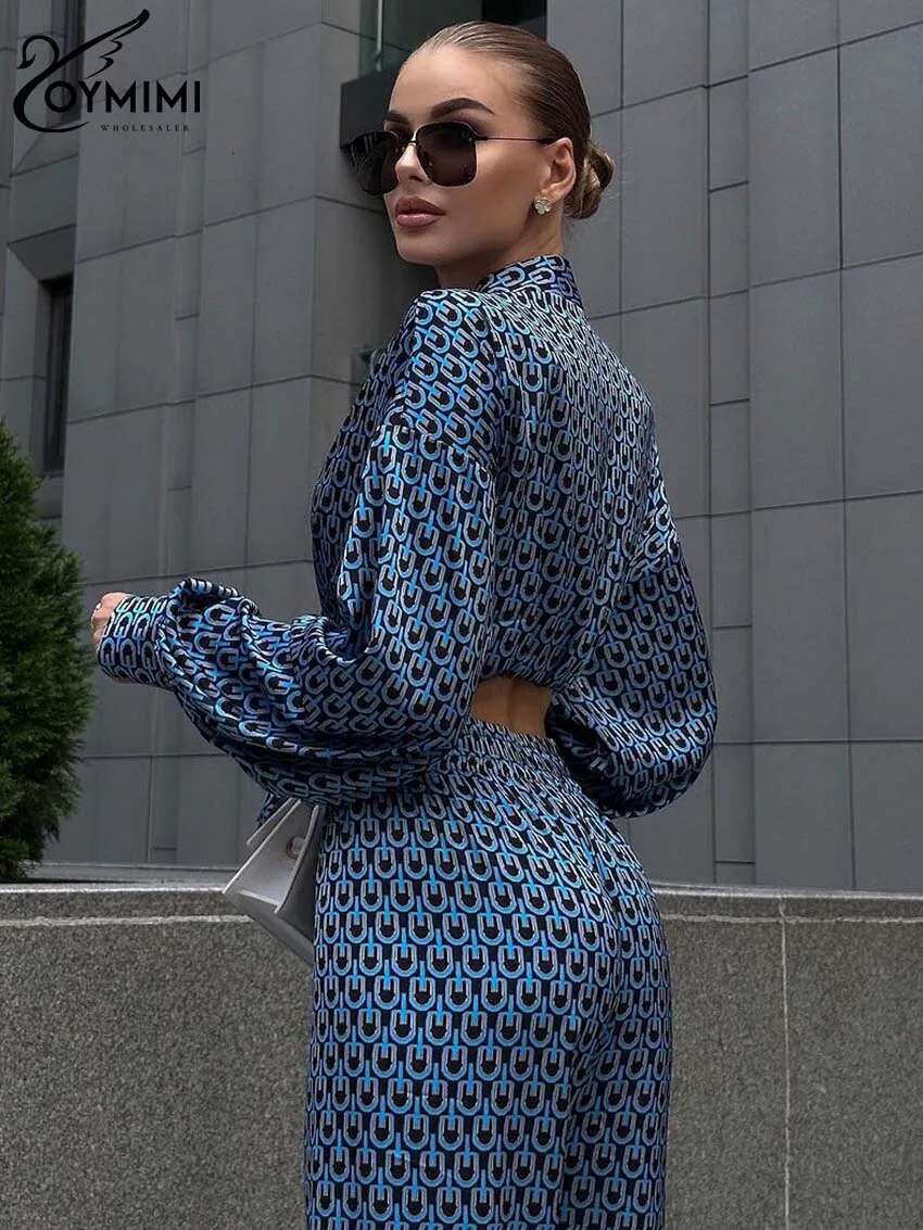 Casual Black Print 2 Piece Women Outfit Elegant Lapel Long Sleeve Button Shirts And Straight Full Length Pants Sets