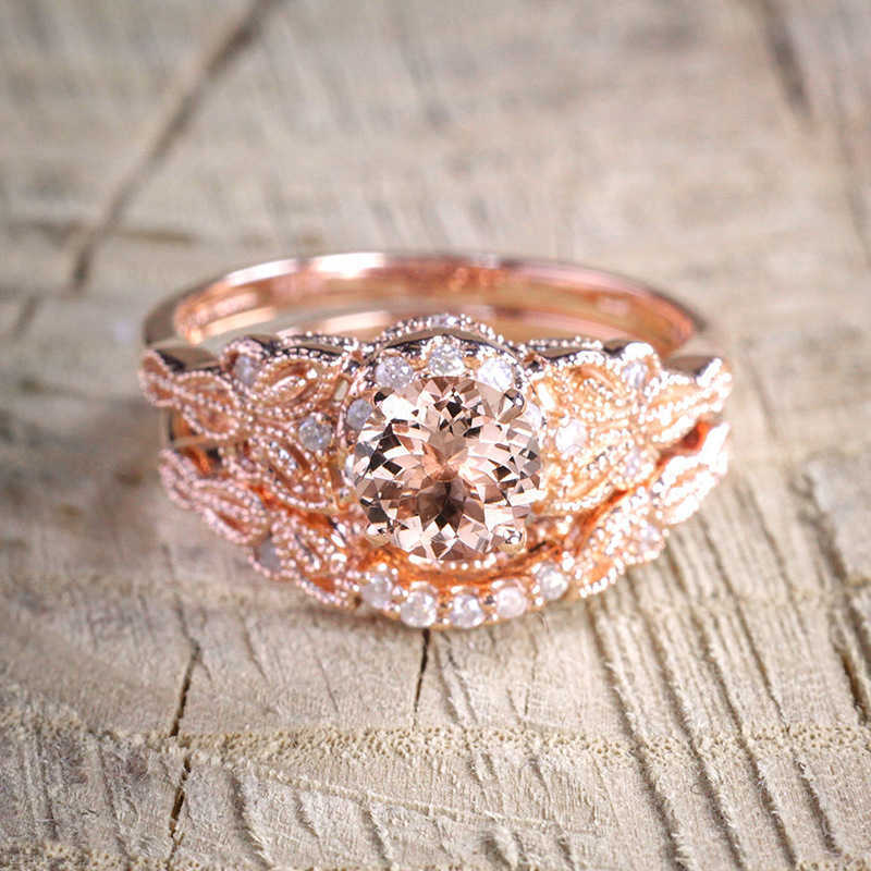 Couple Rings New E-style trendy leaf crystal zircon two-piece ring set r5056 H25303