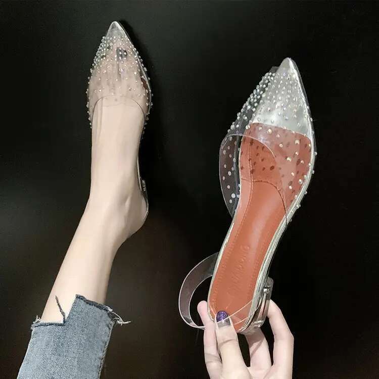 Sandals PVC Transparent Crystal Mid Heels Pumps Rhie Pointed Toe Women Bridesmaid Wedding Shoescvb6