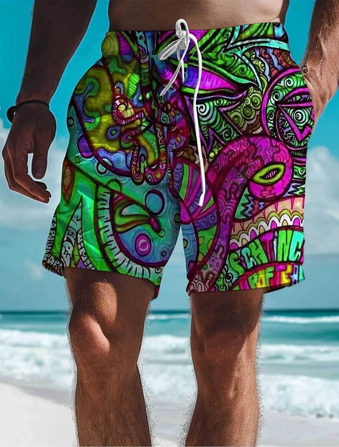 Graffiti Mens Resort 3D Printed Board Shorts Fashion Swim Trunks Elastic Waist Drawstring Hawaiian Style Holiday Beach ShortsT250304