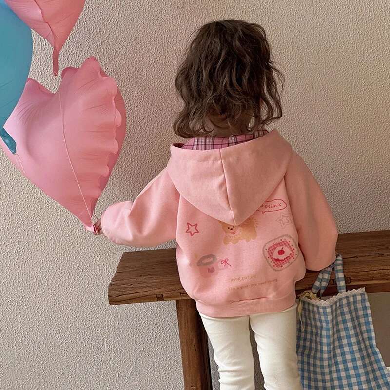Ddmyshoesvip Spring Infant Baby Girls Jackets Cotton Cartoon Pattern Children Coat Loose Pink Plaid Hooded Zipper Little Girl Coats