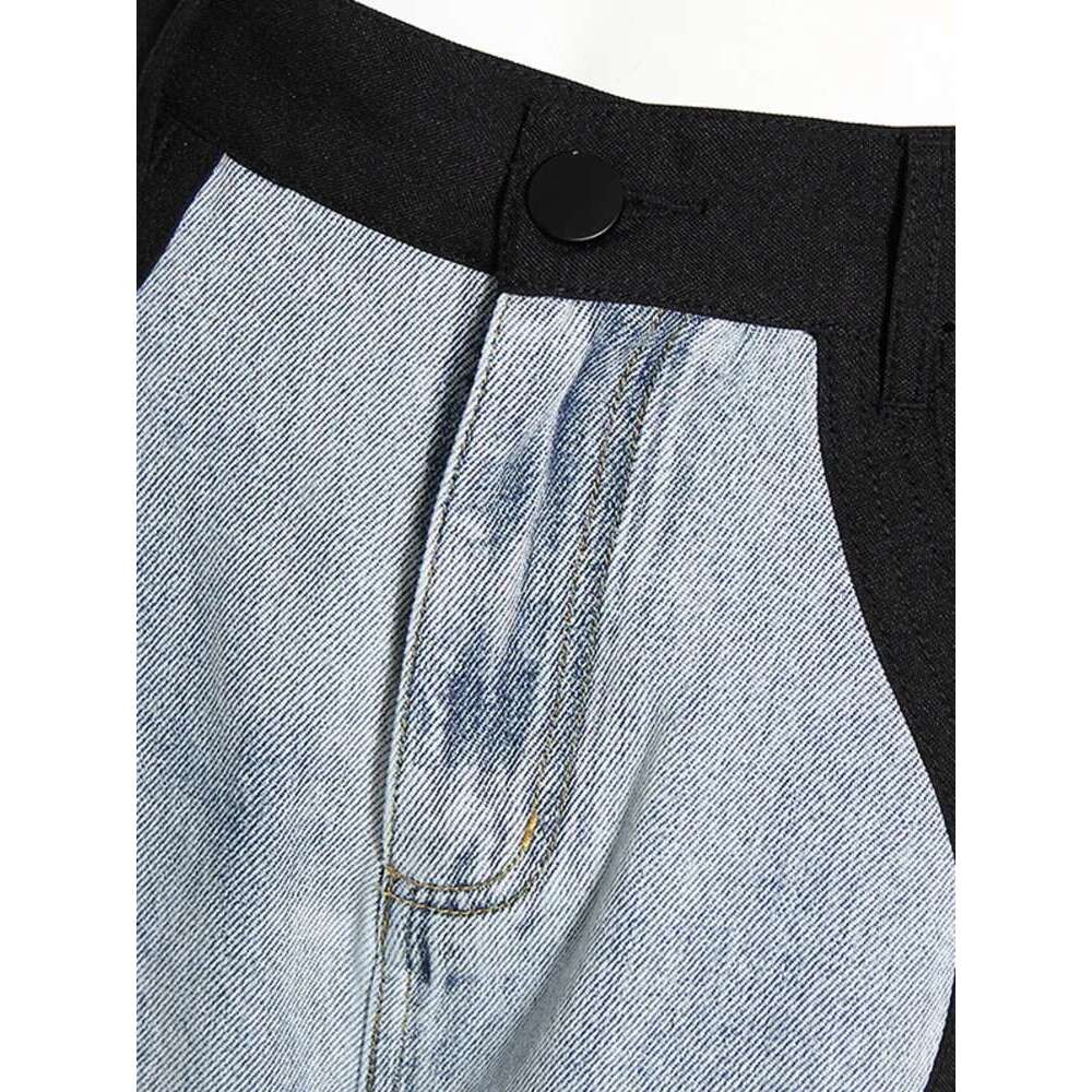 Fashion Women's Jeasn New High Waist Black Blue Wave Spliced Straight Tube Wide Leg Denim Pants Tide Autumn 2025 17A2517