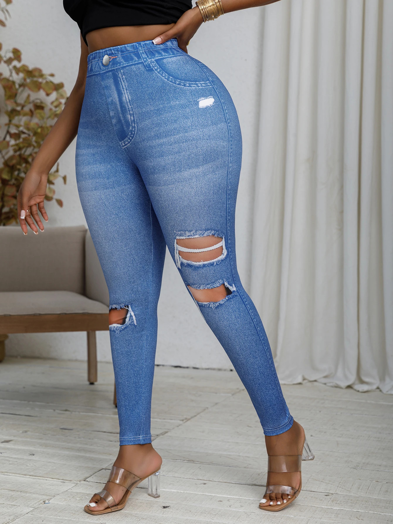 Plus size womens long legs imitating denim print creative sportswear high elasticity sports pants fashionable casual tight 250304