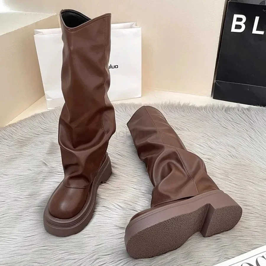 2025 Winter Knee High Wen Boots Fion PU Leather Vintage Platform Shoes Ladies Round Toe Fion Street Black White Boots Z250304