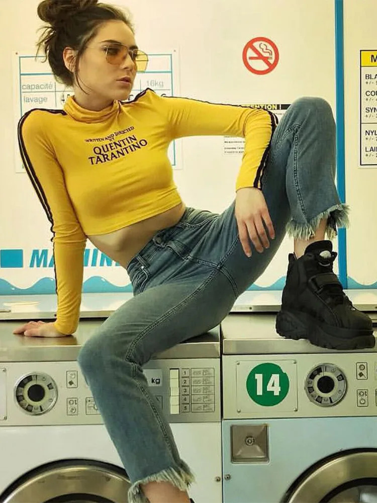 Fashion Quentin Tarantino Sexy Crop Tops Women Side Stripe Long Sleeve Turtleneck Cotton Knitted Short tshirt Lady 250303