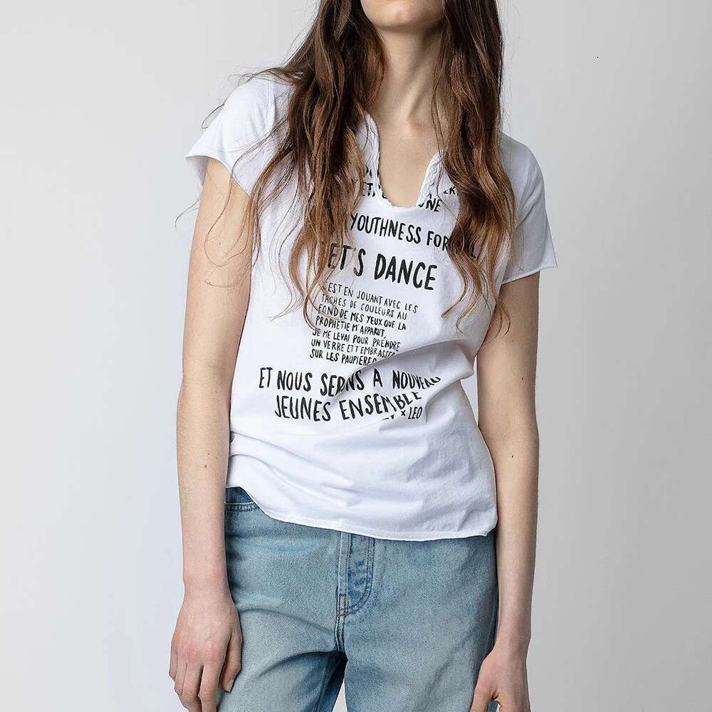 White Letter Graphic Print Women T-Shirt Summer V-Neck Cotton Lady Pullover Vintage Casual Femme Top 2025