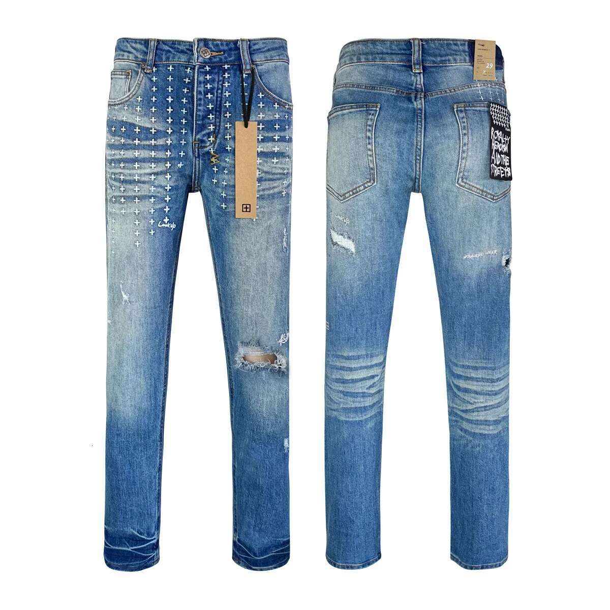 American High Street KSUBI Cross Jeans Men Fashion Brand Retro Wash Blue Hole Patch Daily Casual Low Rise Elastic Straight Pants