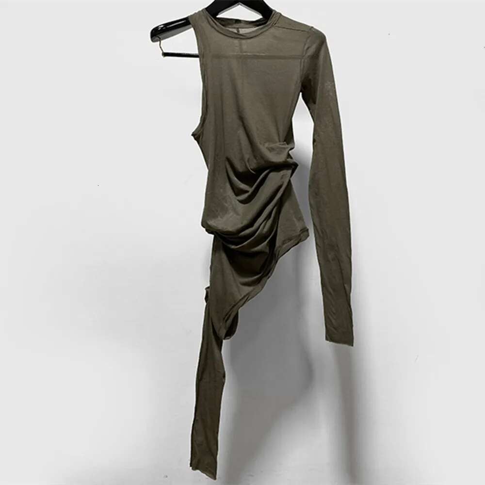 Fashion Women Brand Tulle T-Shirt Original Asymmetrical Sleeve Design Black Bottoming Tops Famous High Quality Knit Tees
