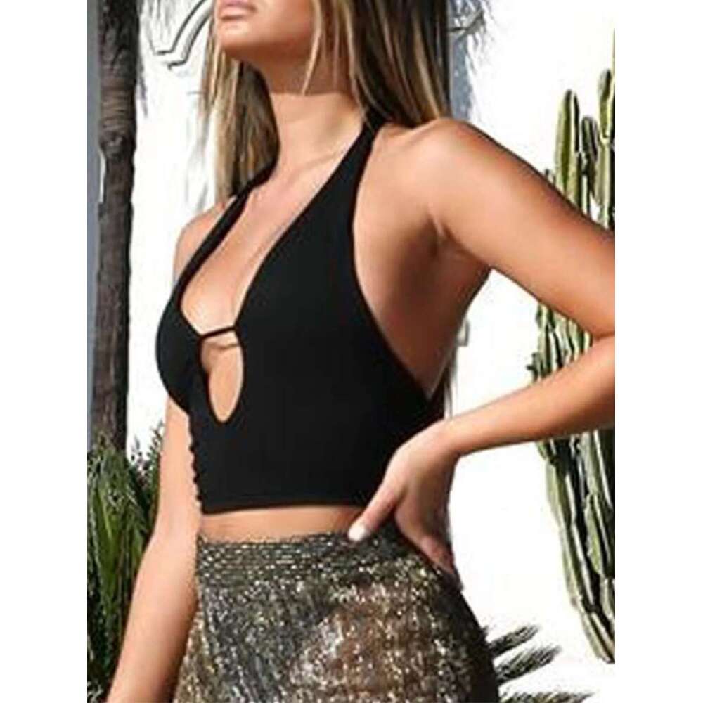 cut Sexy V-collar top clothes sleeveless backless summer vest solid color belly button short women's shirt T-s