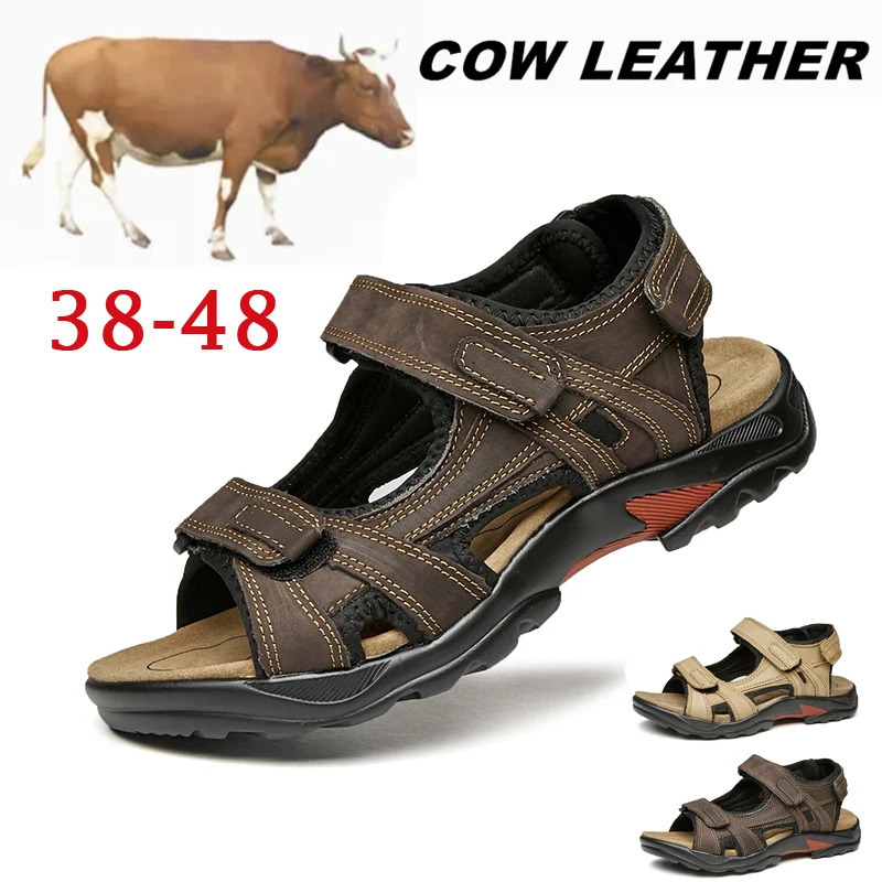 COW LEATHER Mens Sandals Outdoor Beach Sports Shoes Genuine Leather Roman Sandals Lightweight Open Toe Sandals Plus Size 38-48 250303