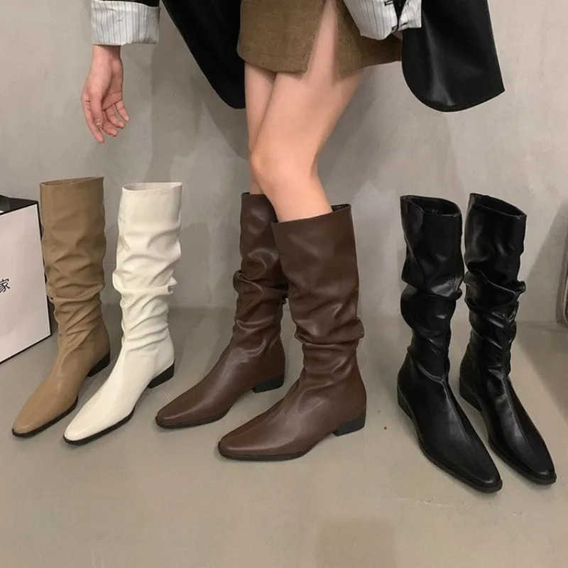 Spring and AutumnWern Cowboy Boots Wen Fion Pleated Slip on Long Boots Fem Elegant Low Heel Wens Knight Botties Z250304
